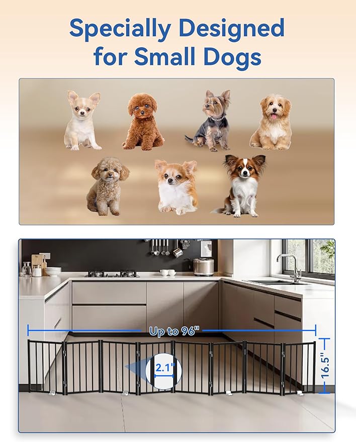 Metal Short Dog Gate, 16.5" High to Step-Over, Free Standing Foldable Pet Gate, Up to 96" Wide Puppy Fence for Stairs and Doorways, Indoor & Outdoor Use, No Drilling and No Assembly, Black
