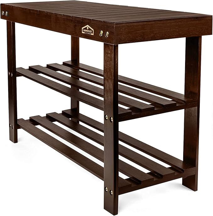 Homemaid Living Bamboo 3 Tier Shoe Rack Bench, Premium Shoe Organizer or Entryway Bench, Perfect for Shoe Cubby, Entry Bench, Bathroom Bench, Entryway Organizer, Hallway or Living Room(Brown)