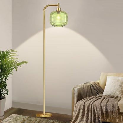 Glass Floor Lamp for Living Room,Bedroom,Dimmable Standing Lamp with Remote,Gold Brass Tall Lamp Mid Century Modern Floor Lamps Green LampShade Boho Vintage Retro Farmhouse Floor Light Bohemian