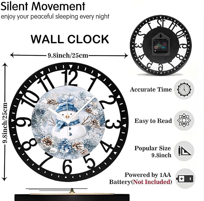 Wall Clock 10 Inch Silent Non-Ticking Modern Clocks Battery Operated - Analog Small Classic for Office, Home, Living Room,Bathroom, Kitchen, Bedroom, School,Snowman Clock