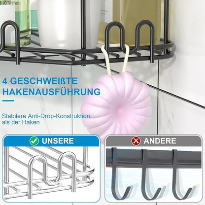 STEUGO Corner Shower Caddy, 3 Pack Adhesive Shower Corner Organizer Shelves, No Drilling Stainless Steel Shower Storage Rack with 12 Hooks for Bathroom, Dorm and Kitchen (Matte Black).