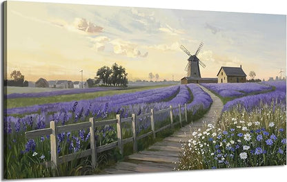 amatop Large Canvas Wall Art for Living Room Rustic Farmhouse Lavender Picture Print Countryside Landscape Windmill Daisy Flowers Purple Floral Artwork Bedroom Office Horizontal Nature Decor 48x24 In