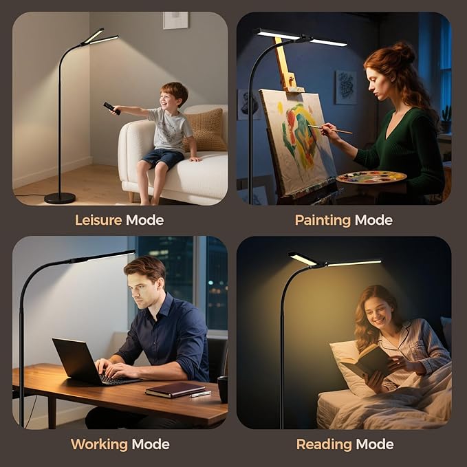 LED Floor Lamp for Living Room, Bright Reading Lamps for Office, Adjustable Colors Temperatures&Brightness, Dual Head Gooseneck Standing Lamp, Remote and Button Control，Eye-Caring Tall Lamp, Black