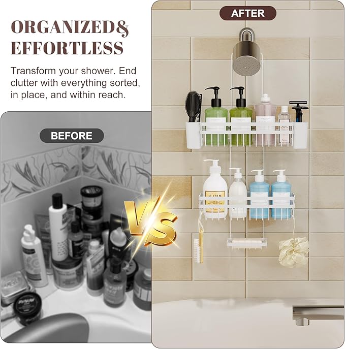 Shower Caddy Hanging for Bathroom Organizers and Storage, Adjustable Anti-Swing Shower Organizer for Wall-Mounted Showerhead with Heavy-Duty Suction Cups, Damage-Free Rustproof (White)