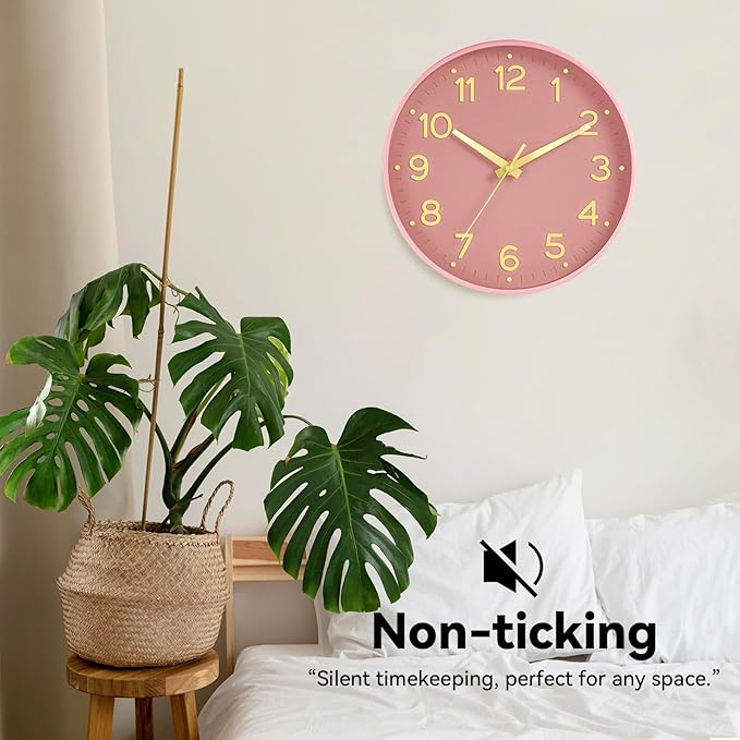 Silent Wall Clocks Battery Operated 10 Inch-Modern Non Ticking Analog Clock Decorative for Kitchen Office Bathroom Bedroom(Pink Gold)