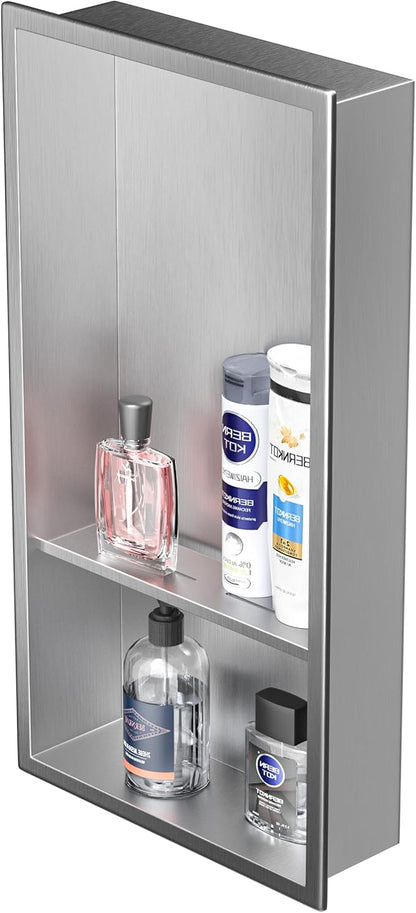 Stainless Steel Shower Niche 24" X 12" Brushed No Tile Needed Wall Niche with Double Shelves Recessed Shower Shelf for Bathroom Vertical Niches
