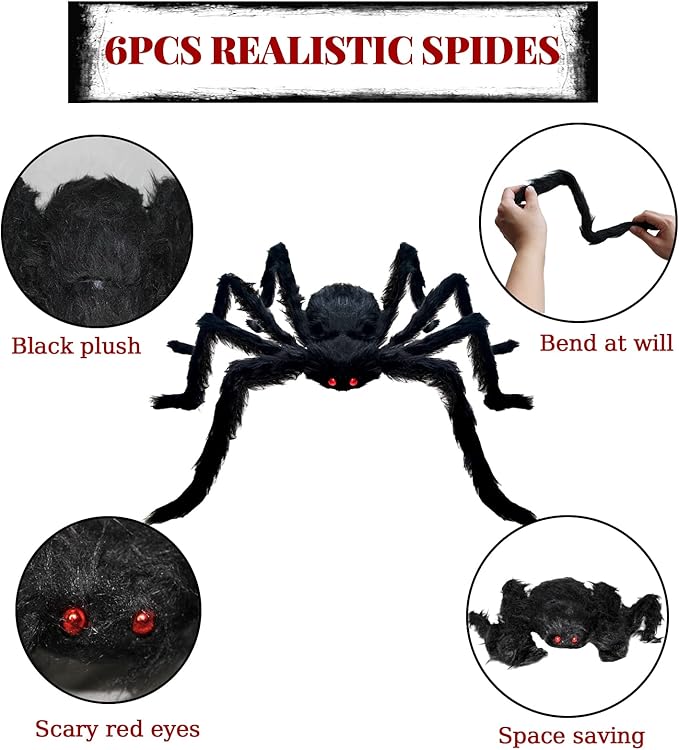 ZMCINER Halloween Large Outdoor Realistic Scary Hairy Spiders Decor (6 Pack Different Size)