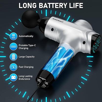 RAEMAO Massage Gun, Handheld Electric Deep Tissue Muscle Massager for Athletes for Pain Relief Attaching 8 Replacement Heads, Percussion Massager with 10 Speeds, Father's Day Gifts, Silver
