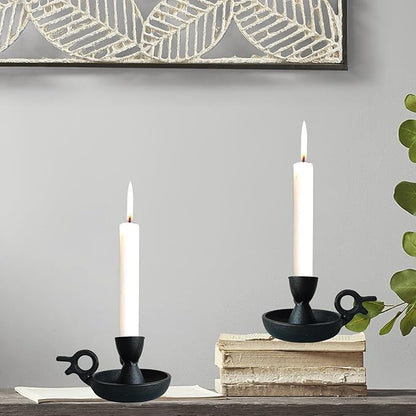 Iron Taper Candle Holders Set of 2, Black Metal Candlestick for Table Centerpieces, Wedding Decor and Dinner Party (Handle)