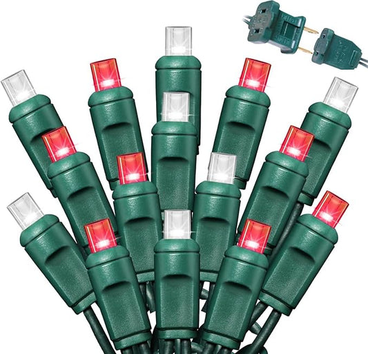 50L String Lights, LED Christmas Lights, 6" SPACING,Green Wire, Red and White
