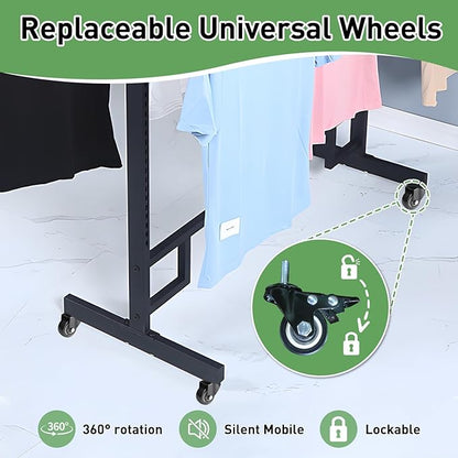 Retail Clothing Rack with wheels, 6 Arms Commercial Clothing Display, Height Adjustable Garment Rack, Free Standing Metal Clothing Rack, for Retail clothing store Home Laundry Room (black)