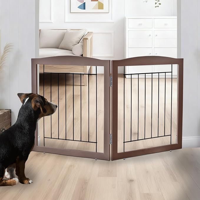 ZJSF Freestanding Foldable Dog Gate for House Extra Wide Wooden Indoor Puppy Gate Stairs Doorways Pet Gate Tall Dog Fence 2 Panels Fence Brown