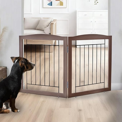 ZJSF Freestanding Foldable Dog Gate for House Extra Wide Wooden Indoor Puppy Gate Stairs Doorways Pet Gate Tall Dog Fence 2 Panels Fence Brown