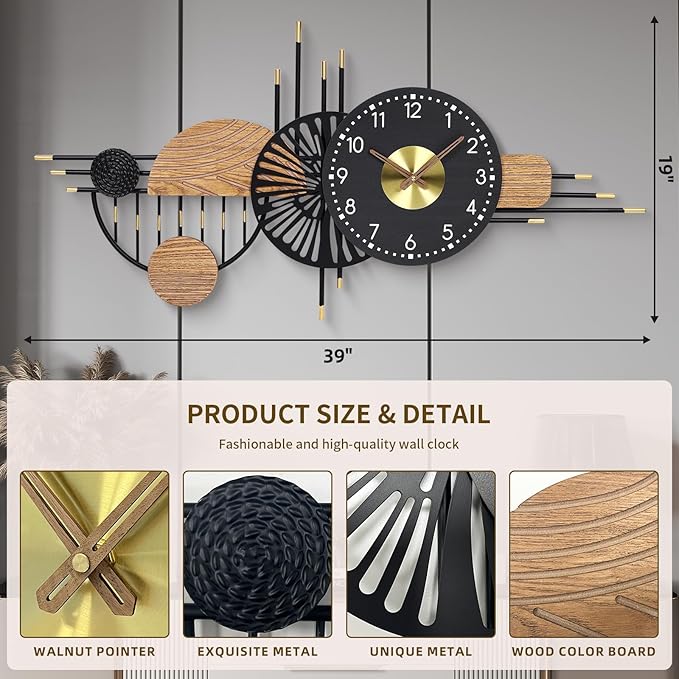 39x19 Inches Modern Large Wall Clocks for Living Room Decor, Silent Non-Ticking Battery Operated Decorative Analog Clock for Bedroom, Office, Kitchen, Entryway