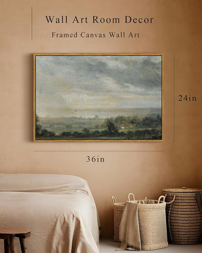 InSimSea Framed Canvas Wall Art Vintage Decor, Landscape Wall Art Home Decor, Wild Field under Sky, Modern Farmhouse Decor, Cottagecore Bedroom Kitchen Bathroom Decorations, 24"x36"