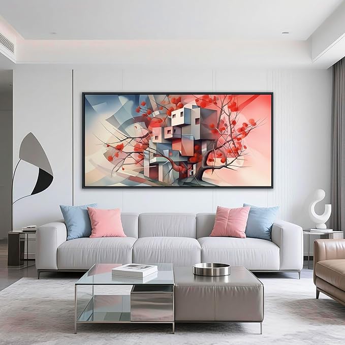 QZQCBLC Large Canvas Wall Art, Red Tree Abstract Space Pictures Ultra Modern Style Geometry Paintings Artwork for Living room Bedroom kitchen Home Office Cafe Game Yoga Room Decor 29x58 IN