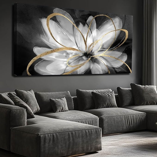 SOUGUAN Flower Large Artwork Gold Wall Decor White Canvas Paintings for Living Room Bedroom Kitchen Office 30"x 60"