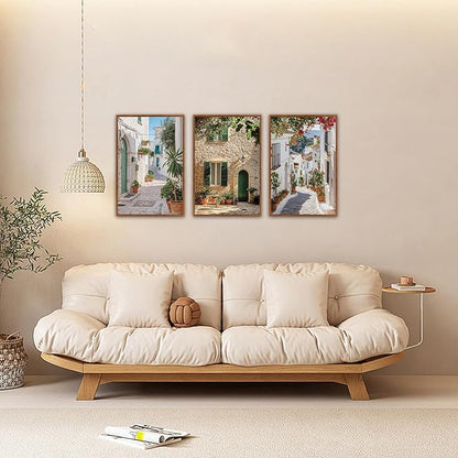 HLNIUC Vintage Italian Countryside Landscape Framed Wall Art,Mediterranean Italy Street Landscape Poster,Modern Europe Street Canvas Painting,Nature Scenery Art Print for Living Room Office-16 x24 x3