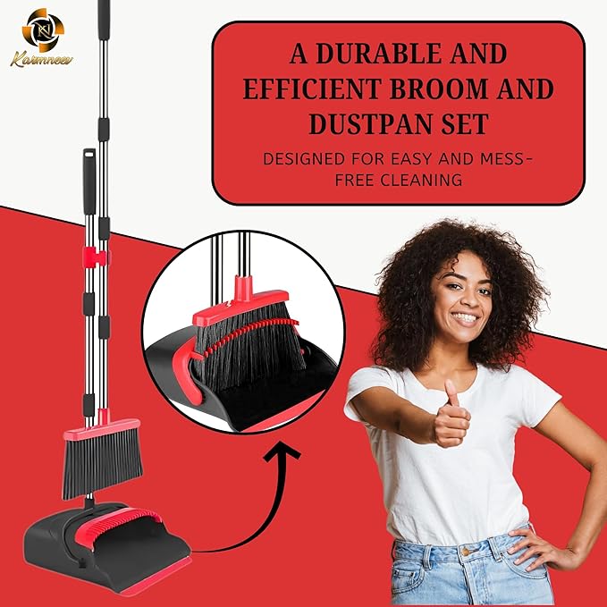 Standing Broom and Dustpan Set, Built-in Scraper Teeth, No-Slip Grip, Dust Collection Tray for Home, Office, Lobby, and Outdoor, Adjustable Handle from 38.18" to 52" (Black and Red)