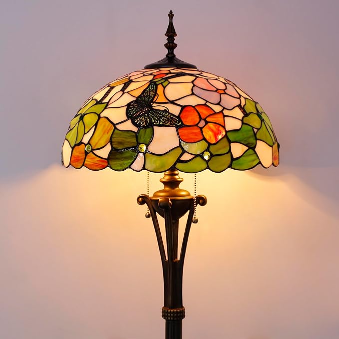 Tiffany Floor Lamp Butterfly Flower Stained Glass Standing Reading Light 16X16X70 Inches Antique Pole Corner Lamp Decor Bedroom Office Living Room