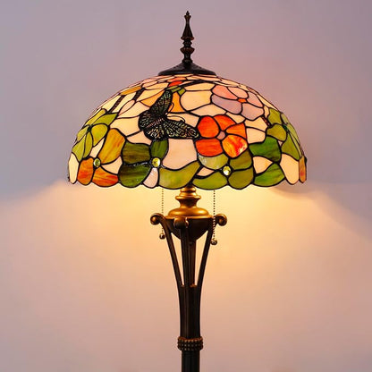Tiffany Floor Lamp Butterfly Flower Stained Glass Standing Reading Light 16X16X70 Inches Antique Pole Corner Lamp Decor Bedroom Office Living Room