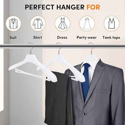 Suit Hangers for Men 50 Pack, White Coat Hangers Extra Wide Non Slip Width 17.7", Thick Plastic with Pants Bar & Metal Hook
