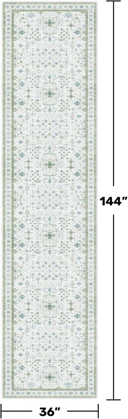 Oushak 3x12 Wide Hallway Runner Rug - Vintage Turkish Floral, Washable Low Pile Non Slip 12ft Long Runners for Large Kitchen, Hall Way - Light Blue and Green