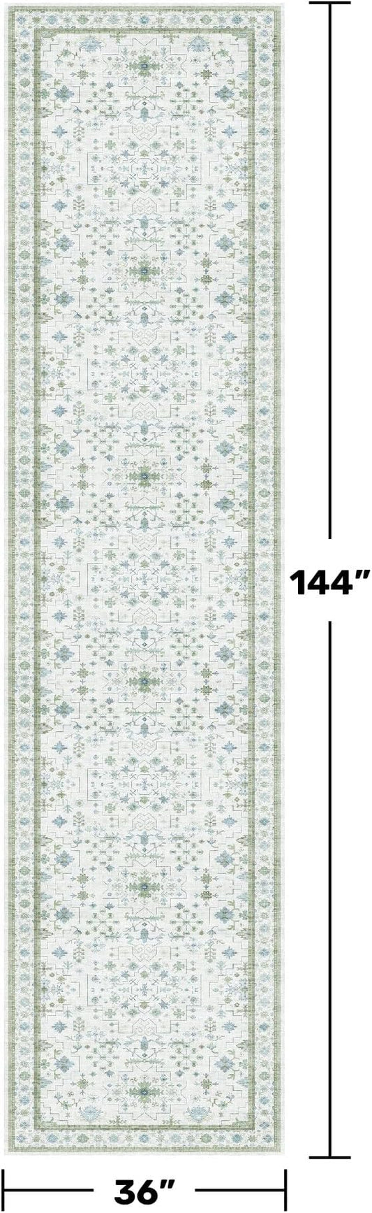 Oushak 3x12 Wide Hallway Runner Rug - Vintage Turkish Floral, Washable Low Pile Non Slip 12ft Long Runners for Large Kitchen, Hall Way - Light Blue and Green