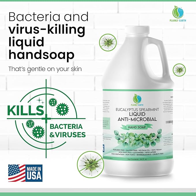 AntiMicrobial Hand Soap 64 oz - Eucalyptus Spearmint Gentle Liquid Hand Soap Refill Antibacterial - Moisturizing, Long Lasting Freshness & Safe for Skin