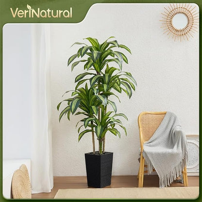 Artificial Dracaena Tree 6FT - UV Resistant Faux Tree with Large Taper Planter & Pebbles - Tall Fake Plants Indoor & Outdoor, Potted Floor Plant for Home Living Room Porch Decor, VN127