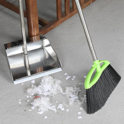 Metal Dustpan Long Handle Stainless Steel Dustpan,Heavy Duty Standing Dust Pan with Teeth, Indoor Outdoor Up for Home Kitchen Lobby Room Office