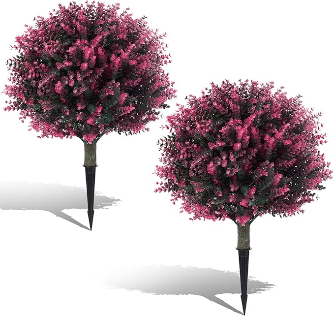 Pair(2) Artificial Rose Boxwood Topiary Ball Bush for Outdoor with Ground Spike,28" UV Resistant Faux Boxwood Ball Tree, Fake Rose Boxwood Plants for Garden, Yard, Porch, Patio Decor