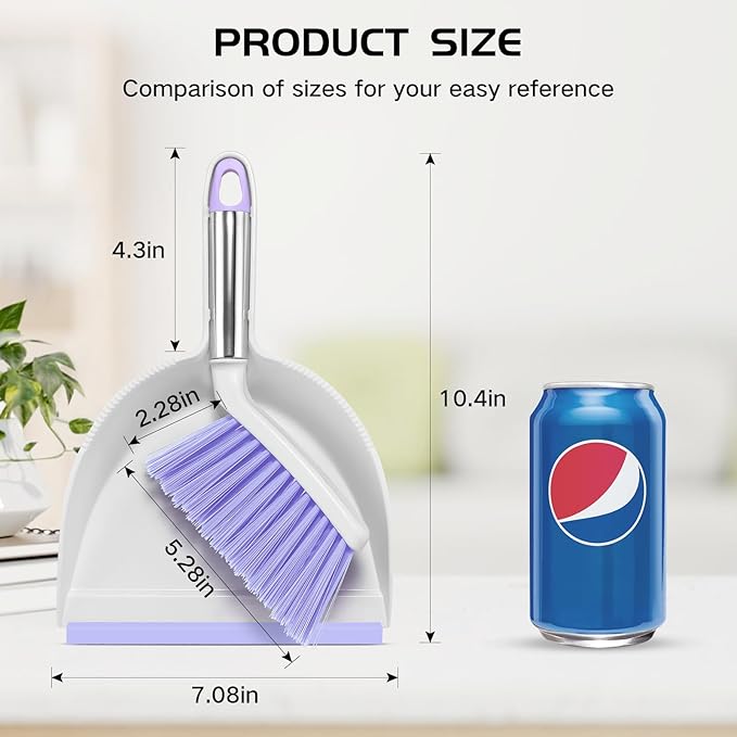 NACENA Mini Broom and Dustpan Set, Small Dust Pan and Brush Set with Handle Dustpan Teeth for Cleaning Hair Suitable for Office Desks Drawers Sofas Outdoor Camping, Light & Purple