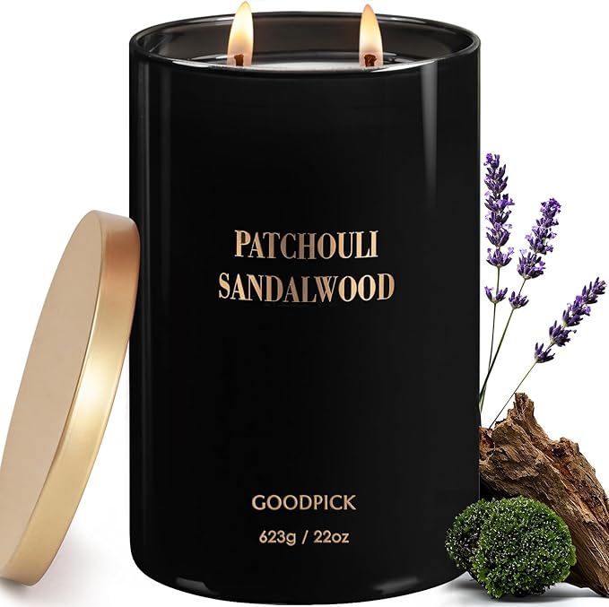 Goodpick Candles Patchouli Sandalwood, Fathers Day Gift, Soy Wax for Home Scented, 22oz 120 Hours Burn, Aromatherapy