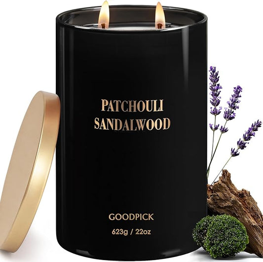 Goodpick Candles Patchouli Sandalwood, Fathers Day Gift, Soy Wax for Home Scented, 22oz 120 Hours Burn, Aromatherapy