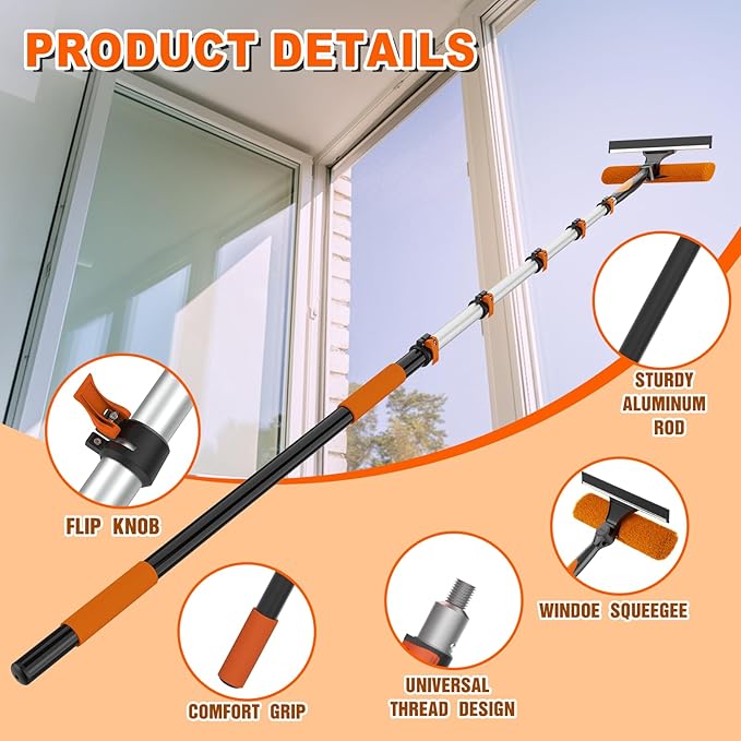 30FT Reach Window Squeegee with Extension Pole, 2-in-1 Professional Window Washing Kit for Home, Indoor Outdoor Squeegee with Rotatable Head for High Windows