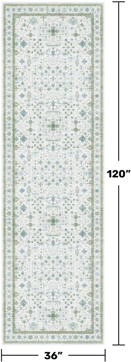 Oushak 3x10 Wide Hallway Runner Rug - Vintage Turkish Floral, Washable Low Pile Non Slip 10ft Long Runners for Kitchen, Hall Way - Light Blue and Green