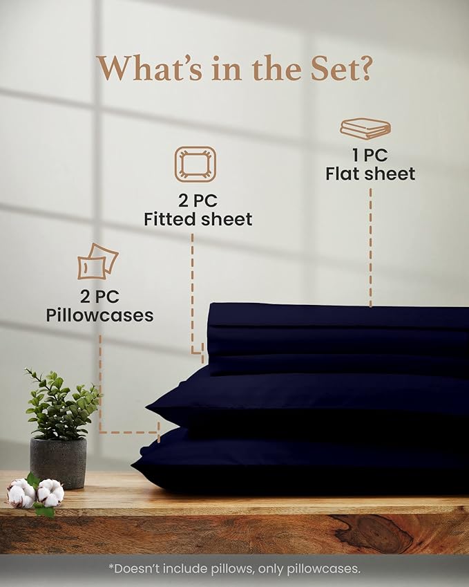 Good Sleep Bedding Split King Cotton Sheets Set for Adjustable Bed - Luxury 1000 TC Egyptian Cotton, 5 Piece, Sateen, 2 Fitted with 16" Deep Pocket, Navy Blue