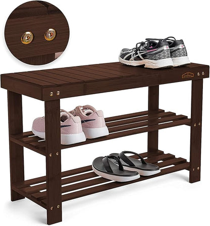 Homemaid Living Bamboo 3 Tier Shoe Rack Bench, Premium Shoe Organizer or Entryway Bench, Perfect for Shoe Cubby, Entry Bench, Bathroom Bench, Entryway Organizer, Hallway or Living Room(Brown)