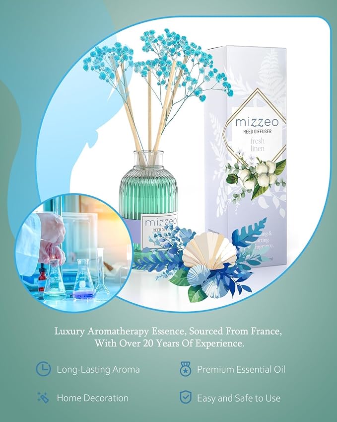 MIZZEO Reed Diffuser Set, Fresh Linen 6.76 fl oz Highly Scented Room Diffuser Home Fragrance Essential Oil Reed Flower Diffuser, House Bedroom Office Decor & Gifts