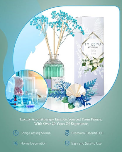 MIZZEO Reed Diffuser Set, Fresh Linen 6.76 fl oz Highly Scented Room Diffuser Home Fragrance Essential Oil Reed Flower Diffuser, House Bedroom Office Decor & Gifts