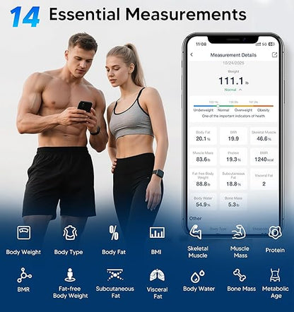GE Smart Scale for Body Weight BMI Fat Muscle Mass with 14 Body Composition Metrics & All-in-one LCD Display, Digital Bathroom Weight Monitor Bluetooth with App, Accurate Weighing Machine 400lb White