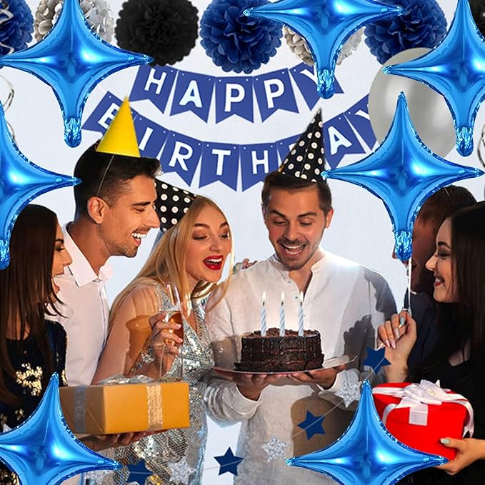 18inch Star Shape Foil Mylar Balloon,30 pcs Blue Four Angle Star Balloons for Birthday Party,Wedding,Valentine's Day, engagement party，Christmas,Baby Shower Backdrops Decorations ﻿