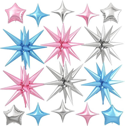 Pink Blue Silver Star Balloon,16Pcs Star Foil Balloons Set with 22Inch Explosion Spike Cone Balloons and 10Inch Quadrangle Helium Balloon for Birthday Wedding Baby Shower Party Decorations