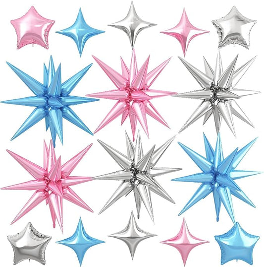 Pink Blue Silver Star Balloon,16Pcs Star Foil Balloons Set with 22Inch Explosion Spike Cone Balloons and 10Inch Quadrangle Helium Balloon for Birthday Wedding Baby Shower Party Decorations