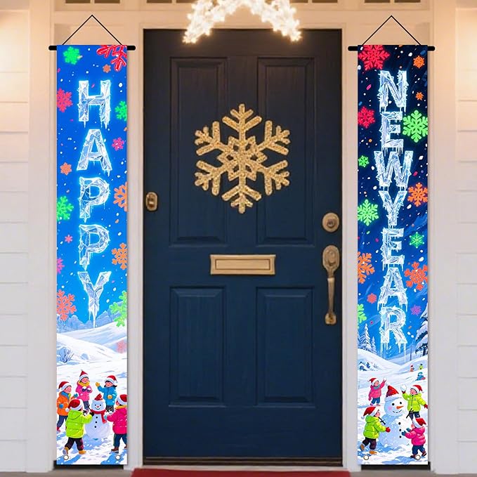 Nuxovilar Happy New Year Banner, 70.86" x 11.81" Colorful Balls Fireworks Hanging Decorations for Outdoor Indoor Home Wall
