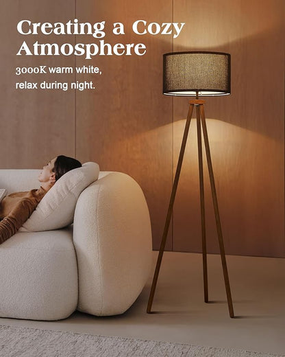 ELYONA Wood Tripod Floor Lamp, Modern Standing Lamp with Black Drum Linen Shade & 3 Color Temperatures LED Bulb, Industrial Tall Reading Lamp for Office Living Room Bedroom, ETL Listed Walnut & Black
