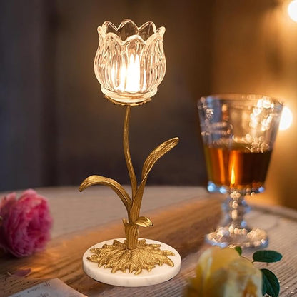 Candle Holder, Cut Rose Shaped Brass Candle Holder High-end Light Luxury Creative Art Crystal Glass Flower Candle Sticks Holder Decor Marble Disc Base Romantic Ambiance Table Decoration