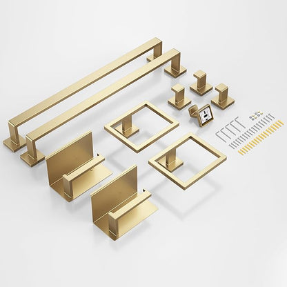 10-Piece Brushed Gold Bathroom Accessories Set, 23.6 Inch Bathroom Hardware Set, SUS304 Stainless Steel Bath Towel Bar Set, Toilet Paper Holder with Shelf, Towel Hooks & Ring Wall Mounted
