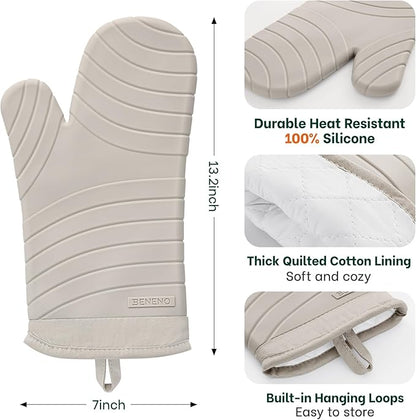 Beneno Premium Silicone Oven Mitts 2-Pack Heat Resistant 500°F, Soft Flexible Non-Slip Grips, BPA-Free & Waterproof Oven Mitts with Comfort Cotton Lining for Baking, Grilling, Cooking, 7"x13", Beige